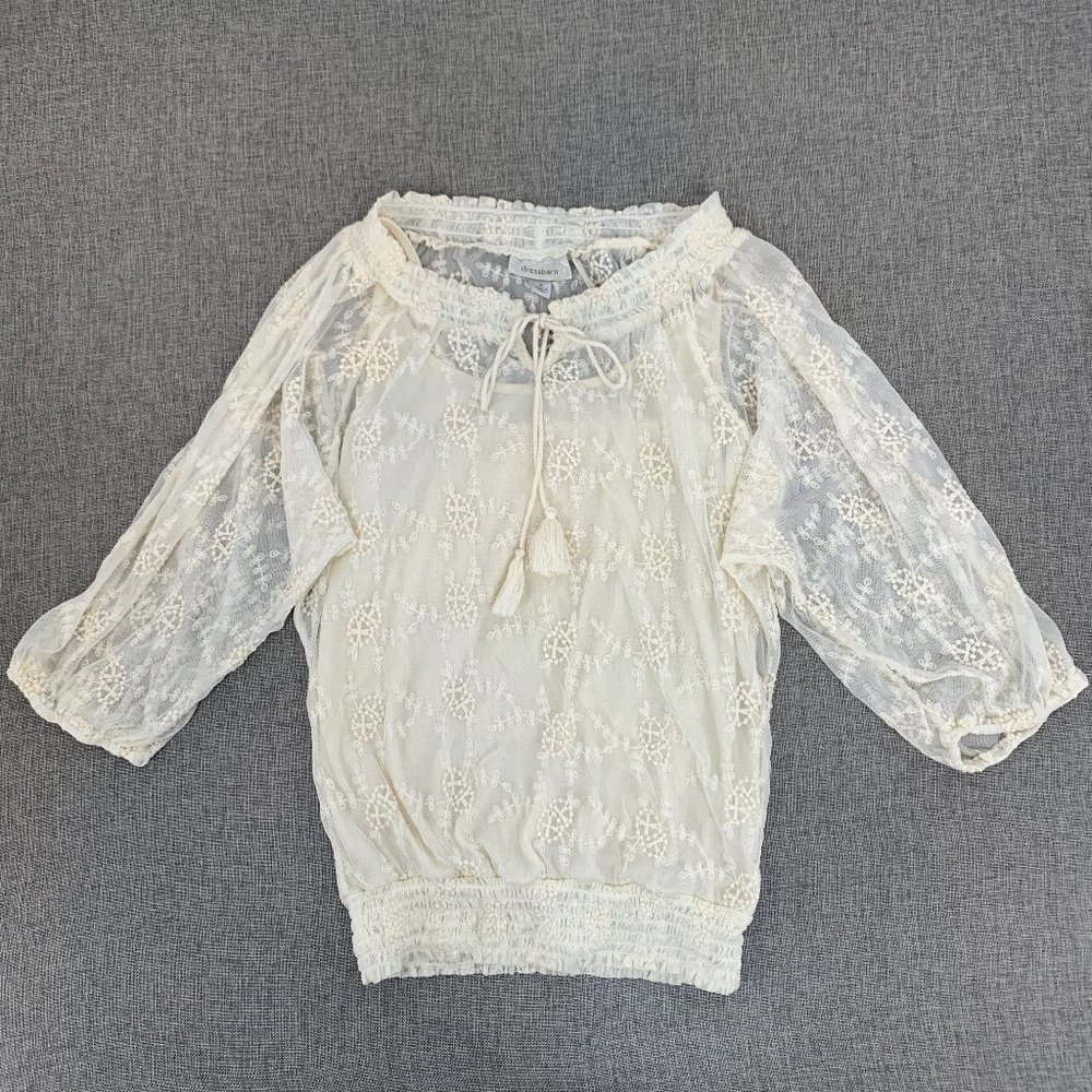 Dressbarn Beautiful Ivory Lace Blouse Elastic Waist 3/4th Sleeves Tassel Tie